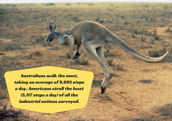 Australians walk the most, taking an average of 9,695 steps a day. Americans stroll the least (5,117 steps a day) of all the industrial nations surveyed.