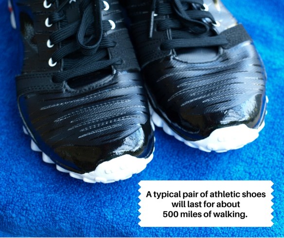 A typical pair of athletic shoes will last for about 500 miles of walking.