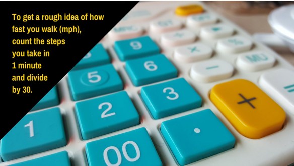 To get a rough estimate of how fast you walk, count the steps you take in 1 minute and divide by 30.